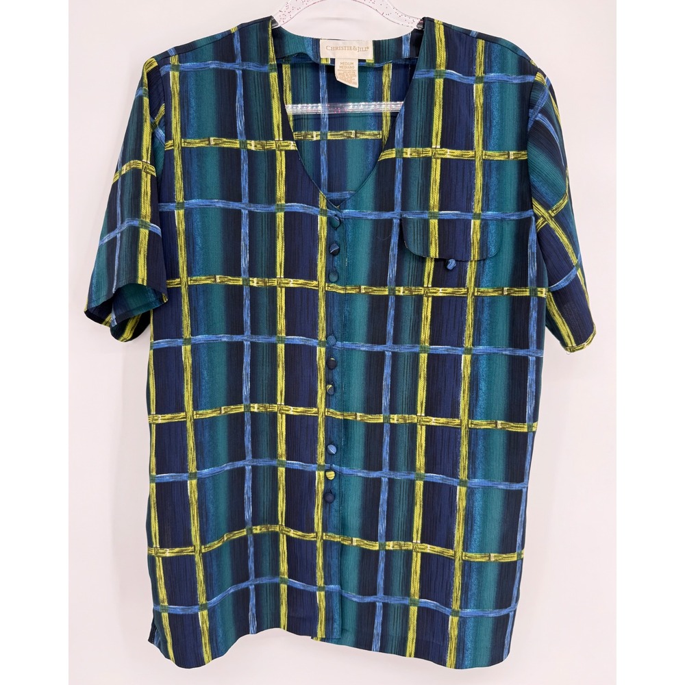 Christie & Jill Womens Teal Blue Green Plaid Button Front Blouse Top V-Neck Sz M